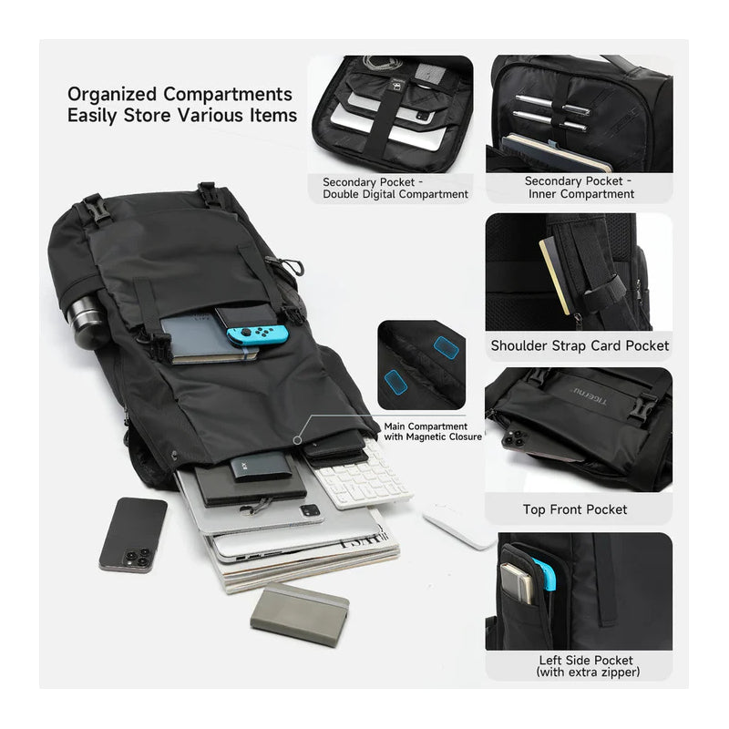 TIGERNU T-B91025 Tall 28L to 38L Expandable Travel Backpack - Black