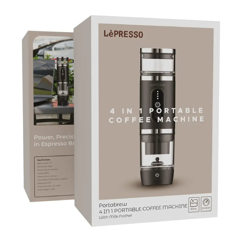 LePresso 4-in-1 Portable Coffee Machine with Milk Frother - 2500mAh / 100W / 80ml / Black