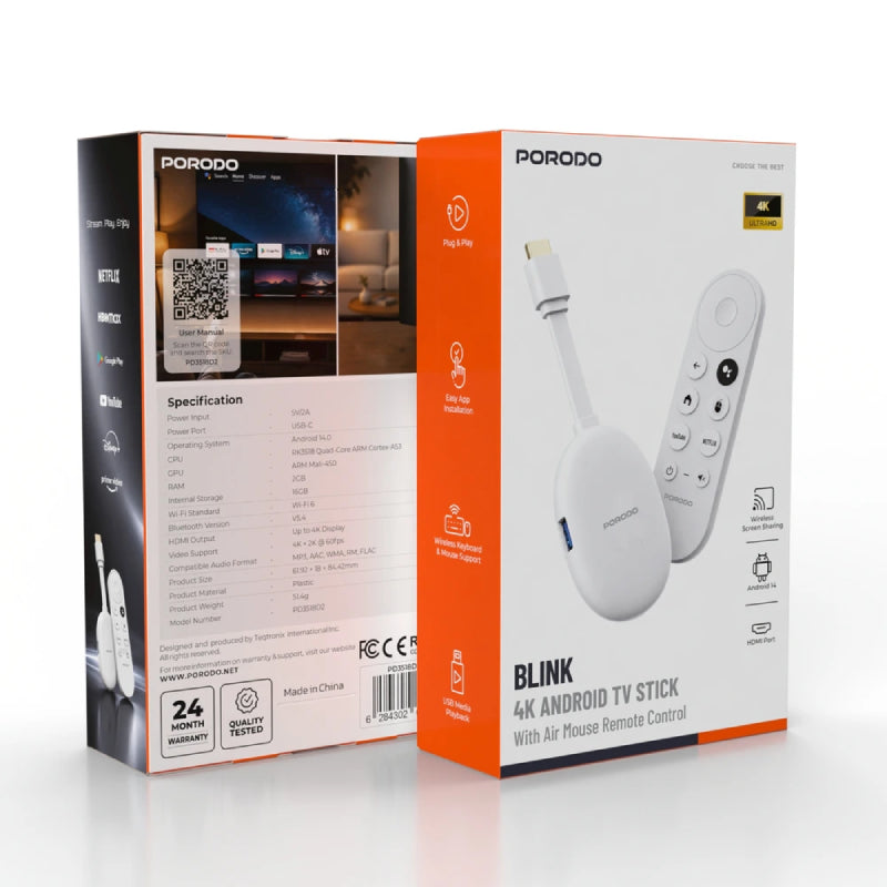 Porodo BLINK 4K Android TV Stick with Air Mouse Remote Control - White