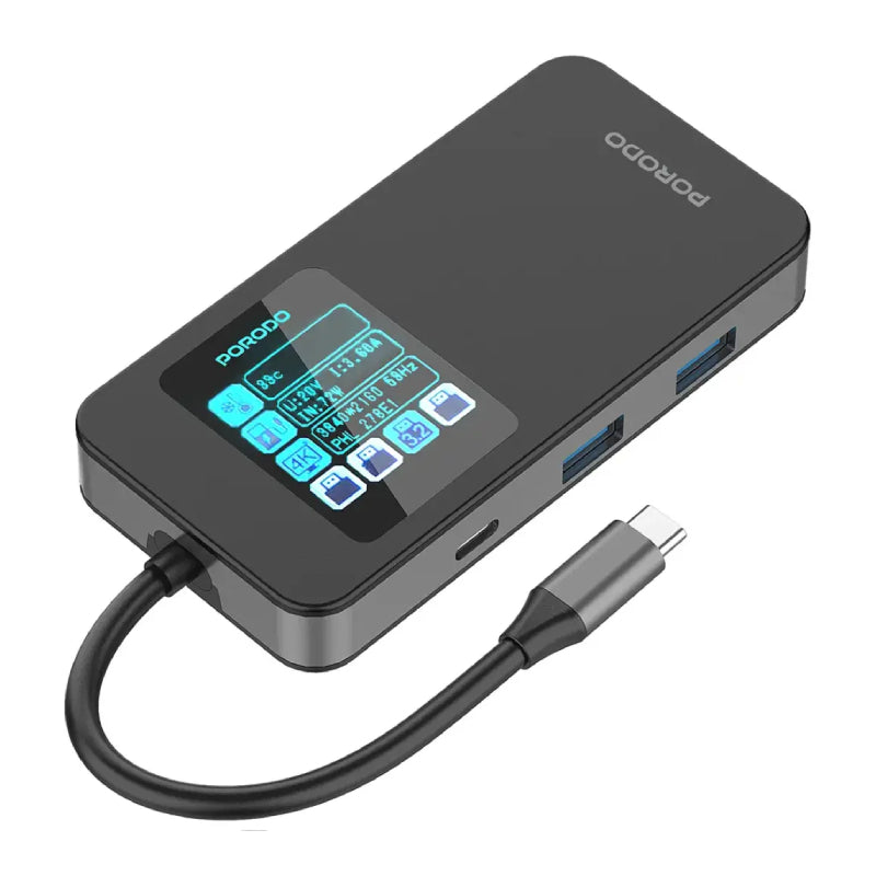 Porodo 6-In-1 Multi-Port USB-C Hub with Smart Digital Display - Gray