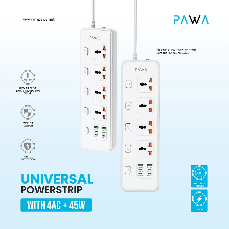 PAWA Universal Power Strip - 4 Way / 3 Meters / USB-A / USB-C / White