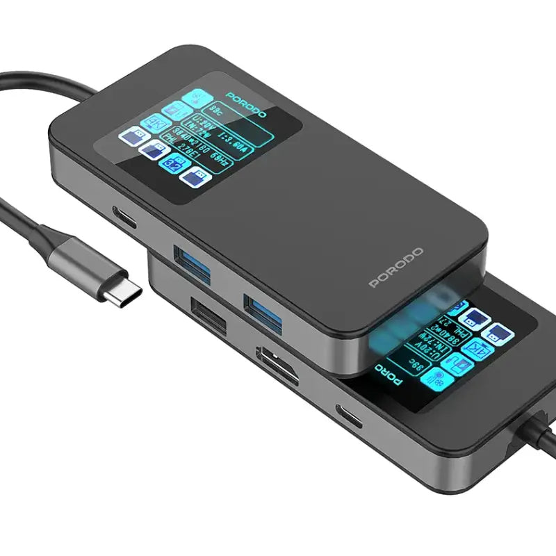 Porodo 6-In-1 Multi-Port USB-C Hub with Smart Digital Display - Gray