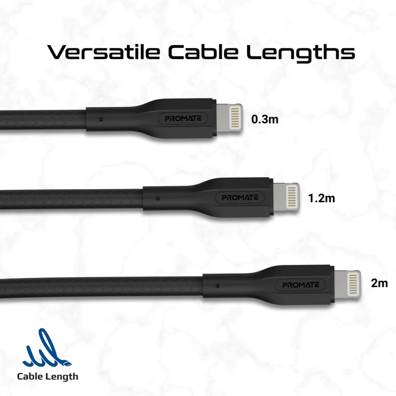 PROMATE CableKit-Ci High Tensile Strength Charge Cable - 480Mbps / USB-C / Lightning / Black / Pack Of 3