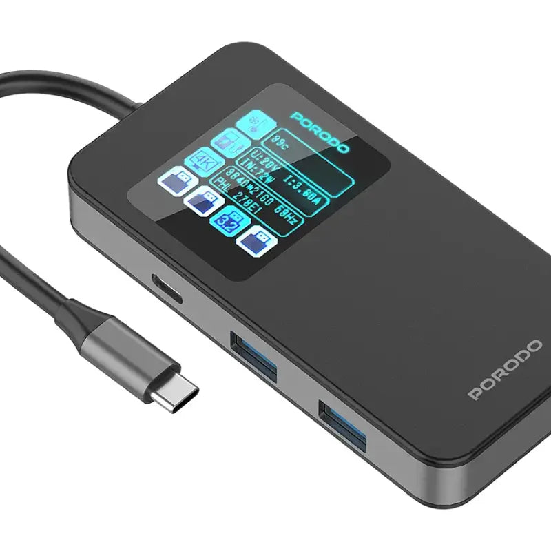 Porodo 6-In-1 Multi-Port USB-C Hub with Smart Digital Display - Gray