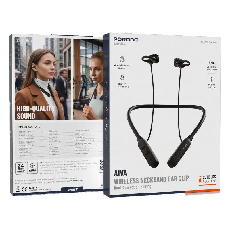 Porodo Soundtech Aiva Wireless Neckband Headphones with Ear Clip - Black