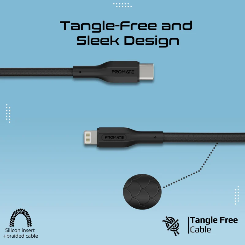PROMATE CableKit-Ci High Tensile Strength Charge Cable - 480Mbps / USB-C / Lightning / Black / Pack Of 3