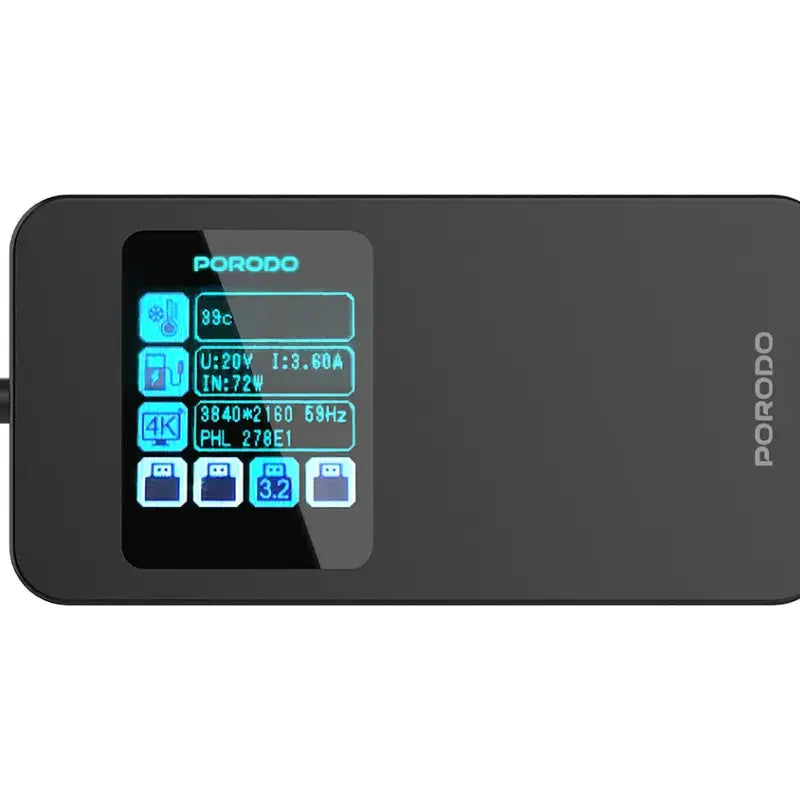Porodo 6-In-1 Multi-Port USB-C Hub with Smart Digital Display - Gray