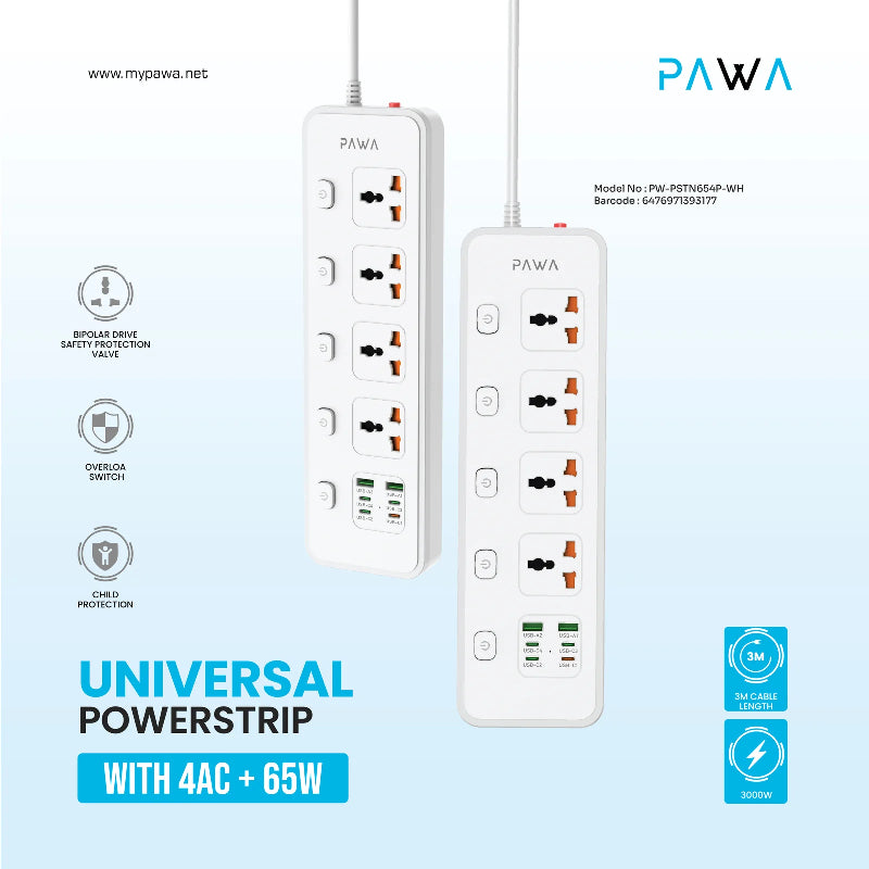 PAWA Universal Power Strip - 4 Way / 65W / 3 Meters / USB-A / USB-C / White