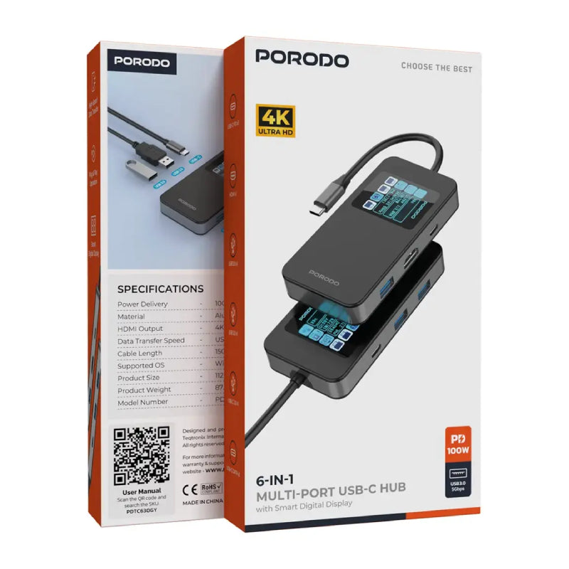 Porodo 6-In-1 Multi-Port USB-C Hub with Smart Digital Display - Gray