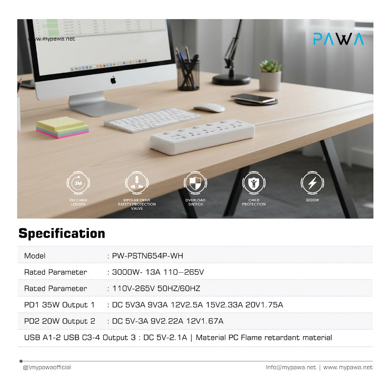 PAWA Universal Power Strip - 4 Way / 65W / 3 Meters / USB-A / USB-C / White