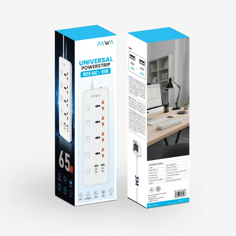 PAWA Universal Power Strip - 4 Way / 65W / 3 Meters / USB-A / USB-C / White