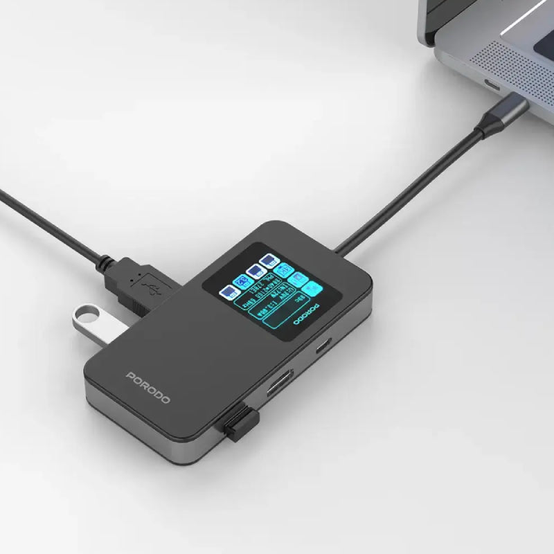 Porodo 6-In-1 Multi-Port USB-C Hub with Smart Digital Display - Gray