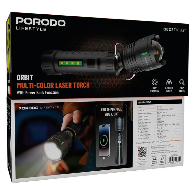 Porodo Lifestyle Orbit Multi-Color Laser Torch with Power Bank Function - Black