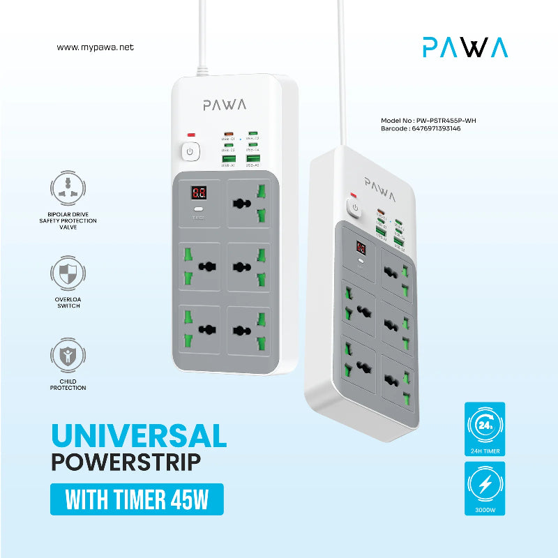 PAWA Universal Power Strip With Timer  - 5 Way  / USB-A / USB-C / White