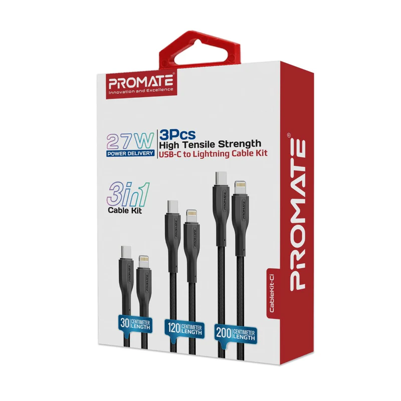 PROMATE CableKit-Ci High Tensile Strength Charge Cable - 480Mbps / USB-C / Lightning / Black / Pack Of 3