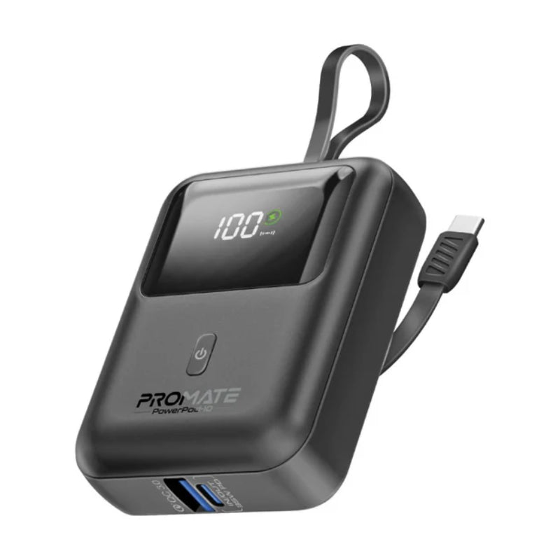 PROMATE PowerPod-10 Ultra Compact Power Bank with Built-In USB-C Cable - 35W / USB-C / USB-A / Black