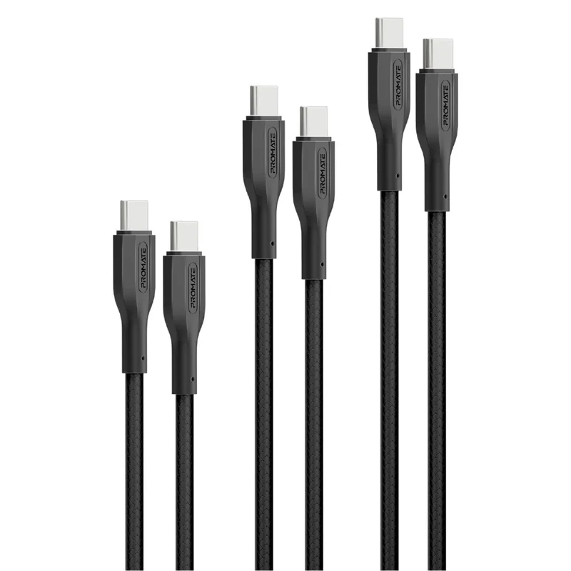 PROMATE CableKit-CC High Tensile Strength Charge Cable - 60W / 480Mbps / USB-C / Black / Pack Of 3