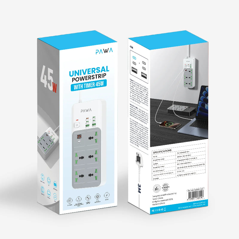 PAWA Universal Power Strip With Timer  - 5 Way  / USB-A / USB-C / White