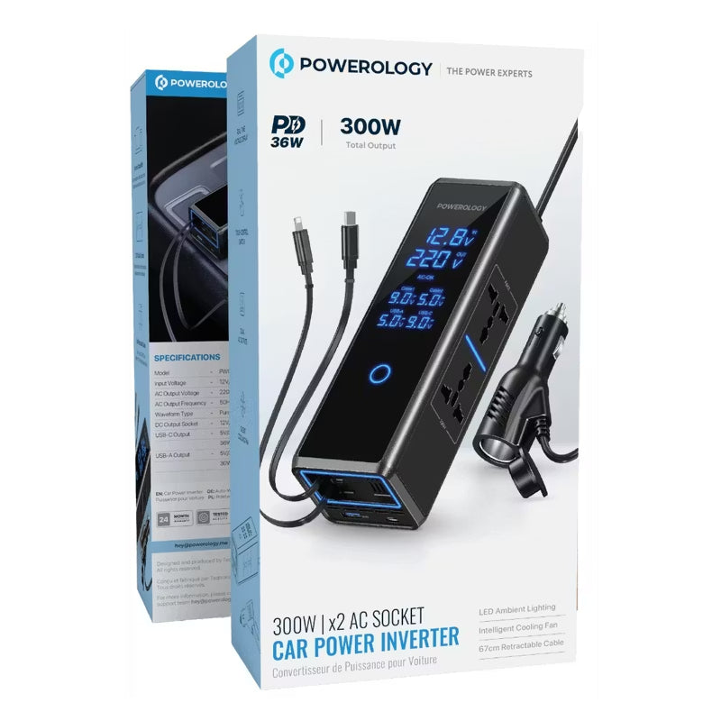 Powerology Car Power Inverter - 300W / USB-C / USB-A / Black