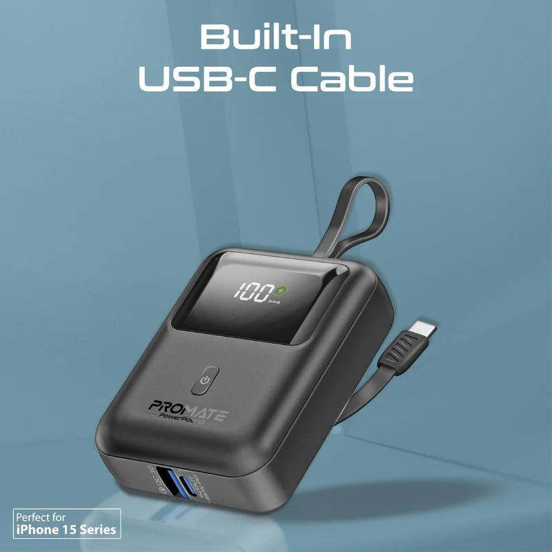 PROMATE PowerPod-10 Ultra Compact Power Bank with Built-In USB-C Cable - 35W / USB-C / USB-A / Black