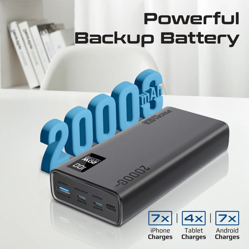 PROMATE Bolt-20PD Compact Smart Charging Power Bank - 20W / USB-C / USB-A / Black