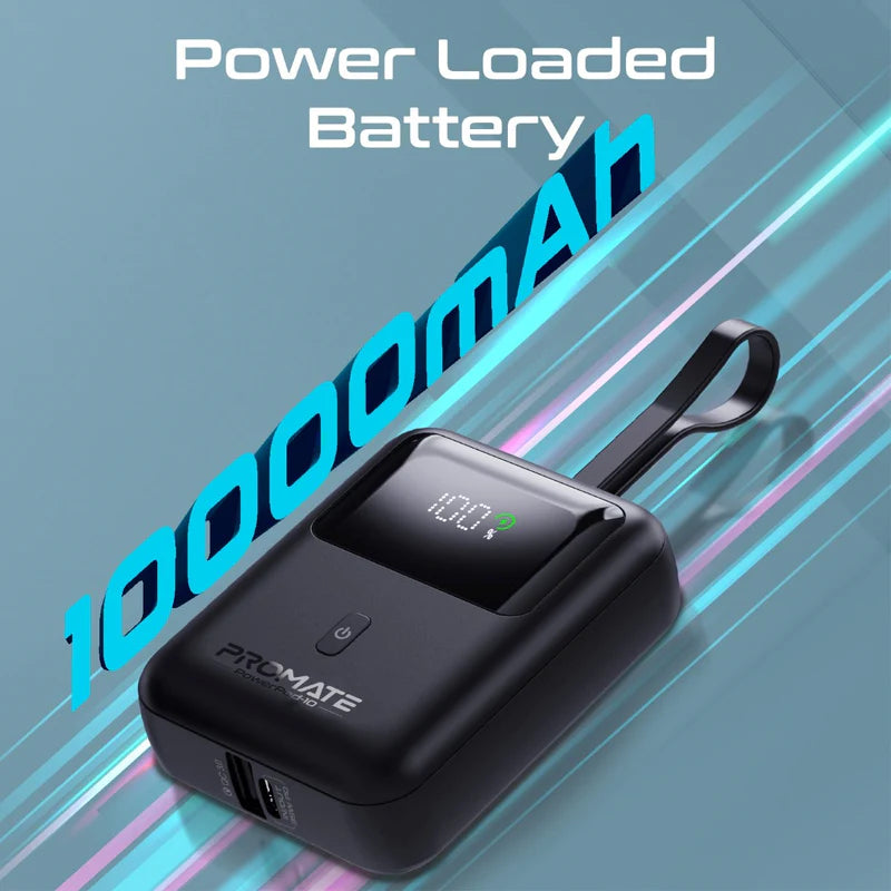 PROMATE PowerPod-10 Ultra Compact Power Bank with Built-In USB-C Cable - 35W / USB-C / USB-A / Black