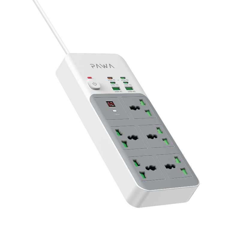 PAWA Universal Power Strip With Timer  - 5 Way  / USB-A / USB-C / White