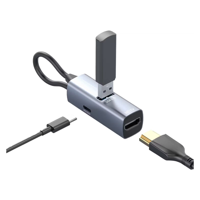 Powerology Aluminum Mini USB-C Hub - 4K HDMI / USB 3.0 / USB-C