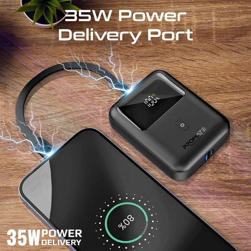 PROMATE PowerPod-10 Ultra Compact Power Bank with Built-In USB-C Cable - 35W / USB-C / USB-A / Black
