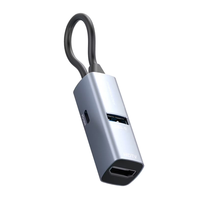 Powerology Aluminum Mini USB-C Hub - 4K HDMI / USB 3.0 / USB-C