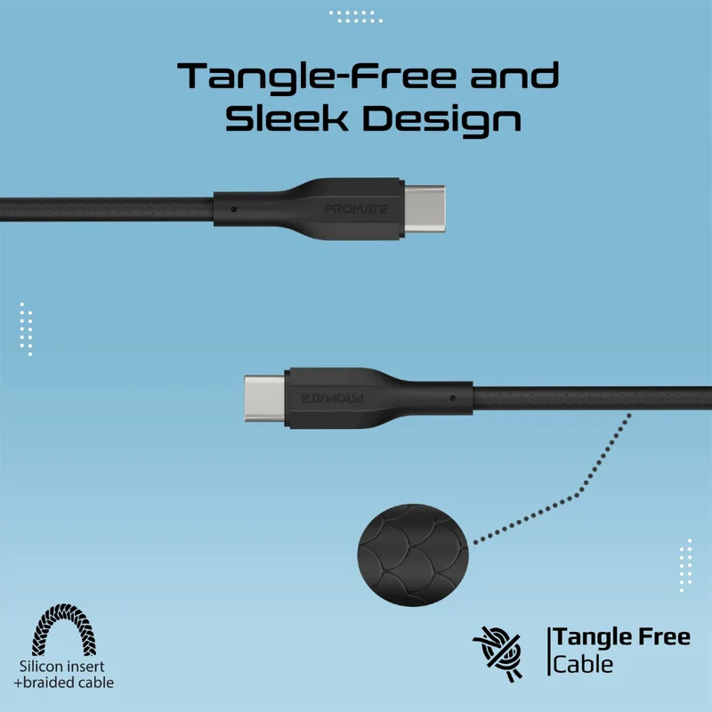 PROMATE CableKit-CC High Tensile Strength Charge Cable - 60W / 480Mbps / USB-C / Black / Pack Of 3
