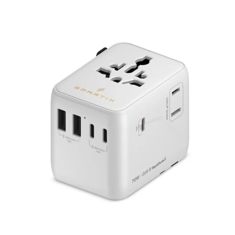 محول سفر دولي سمارتكس نوماد برو بتقنية GaN، قدرة 70 واط، USB-A، USB-C، باللون الأبيض