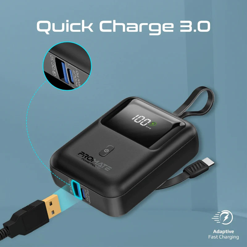PROMATE PowerPod-10 Ultra Compact Power Bank with Built-In USB-C Cable - 35W / USB-C / USB-A / Black