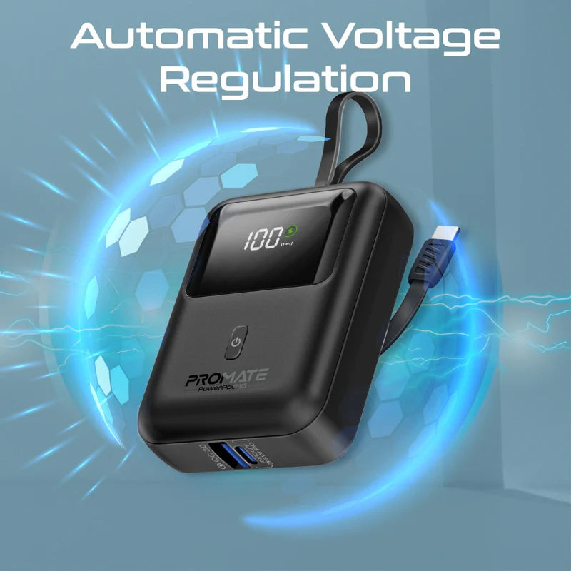 PROMATE PowerPod-10 Ultra Compact Power Bank with Built-In USB-C Cable - 35W / USB-C / USB-A / Black