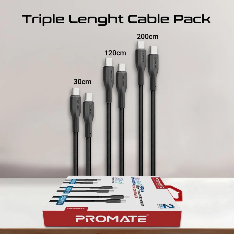 PROMATE CableKit-CC High Tensile Strength Charge Cable - 60W / 480Mbps / USB-C / Black / Pack Of 3