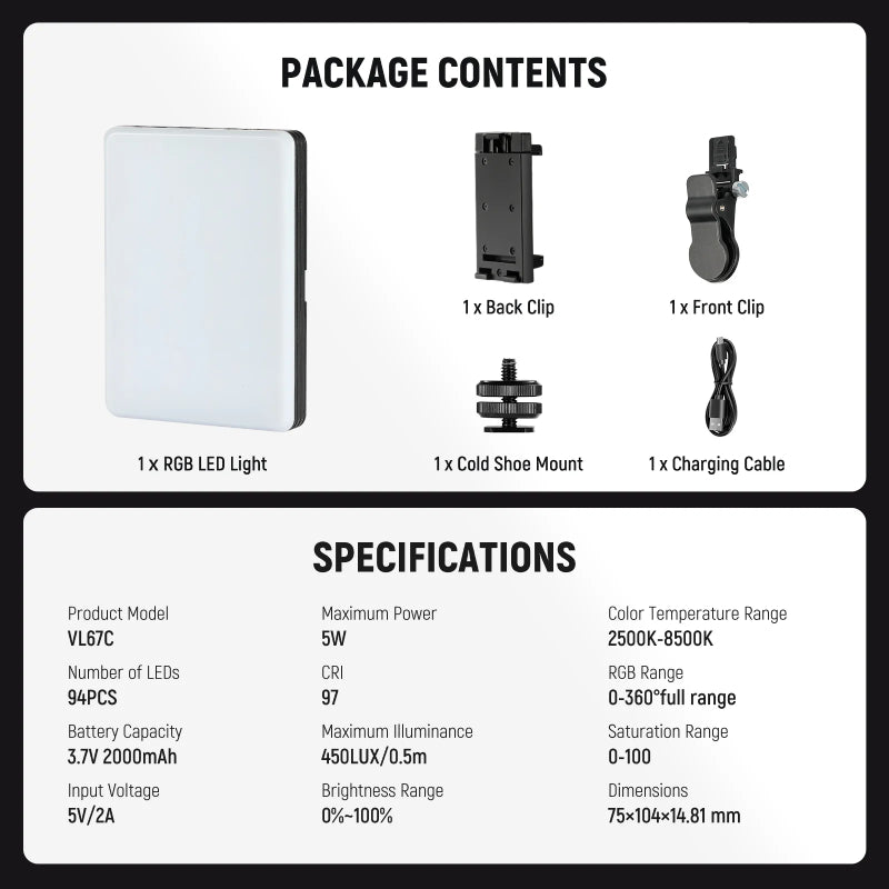 NEEWER VL67C Phone Selfie Light with APP Control - 2000mAh / 5W