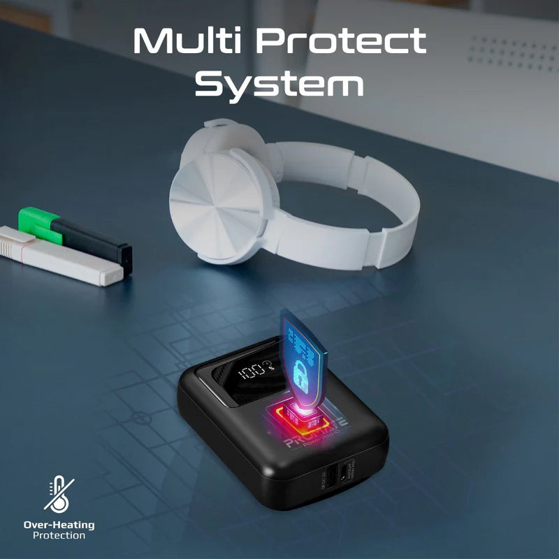 PROMATE PowerPod-10 Ultra Compact Power Bank with Built-In USB-C Cable - 35W / USB-C / USB-A / Black