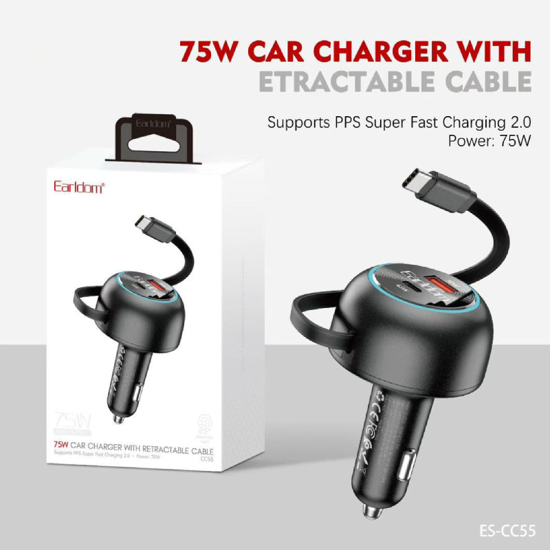 Earldom ES-CC55 Car Charger with Retractable Cable - 75W / Black