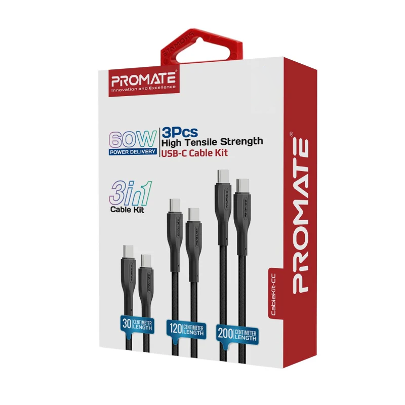 PROMATE CableKit-CC High Tensile Strength Charge Cable - 60W / 480Mbps / USB-C / Black / Pack Of 3