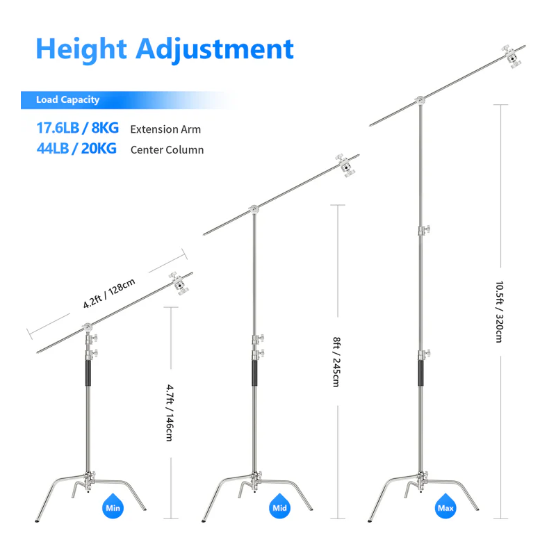 NEEWER SC320 320cm Stainless Steel C Stand with Boom Arm - Silver
