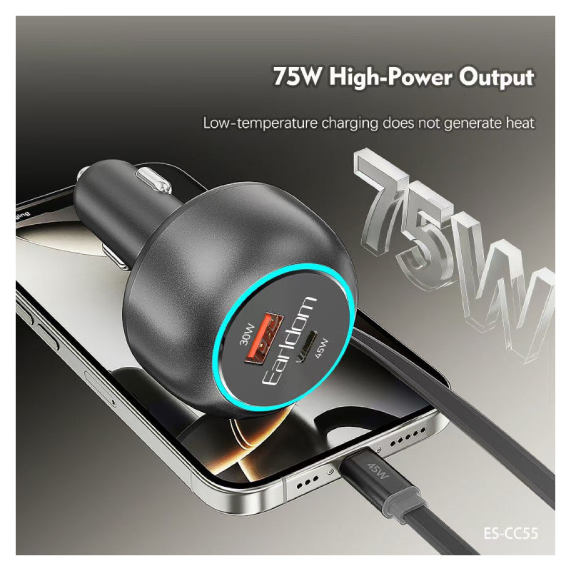 Earldom ES-CC55 Car Charger with Retractable Cable - 75W / Black
