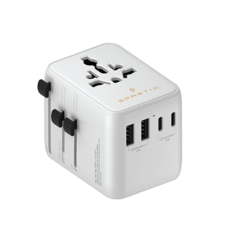 محول سفر دولي سمارتكس نوماد برو بتقنية GaN، قدرة 70 واط، USB-A، USB-C، باللون الأبيض