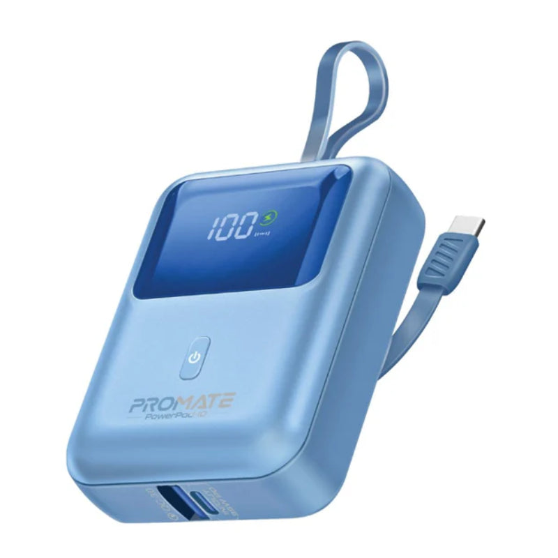 PROMATE PowerPod-10 Ultra Compact Power Bank with Built-In USB-C Cable - 35W / USB-C / USB-A / Blue