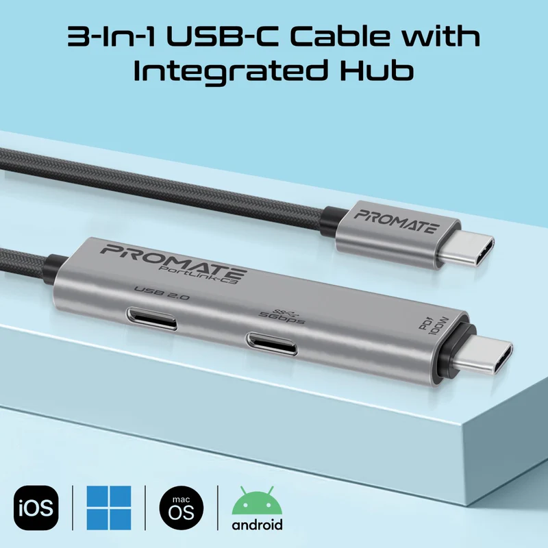 PROMATE PortLink-C3 Data and Charge Cable - 100W / 1.5 Meter / USB-C / Black