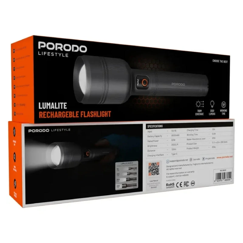 Porodo Rechargeable Handheld Spotlight - 2200mAh / 30W / Gray