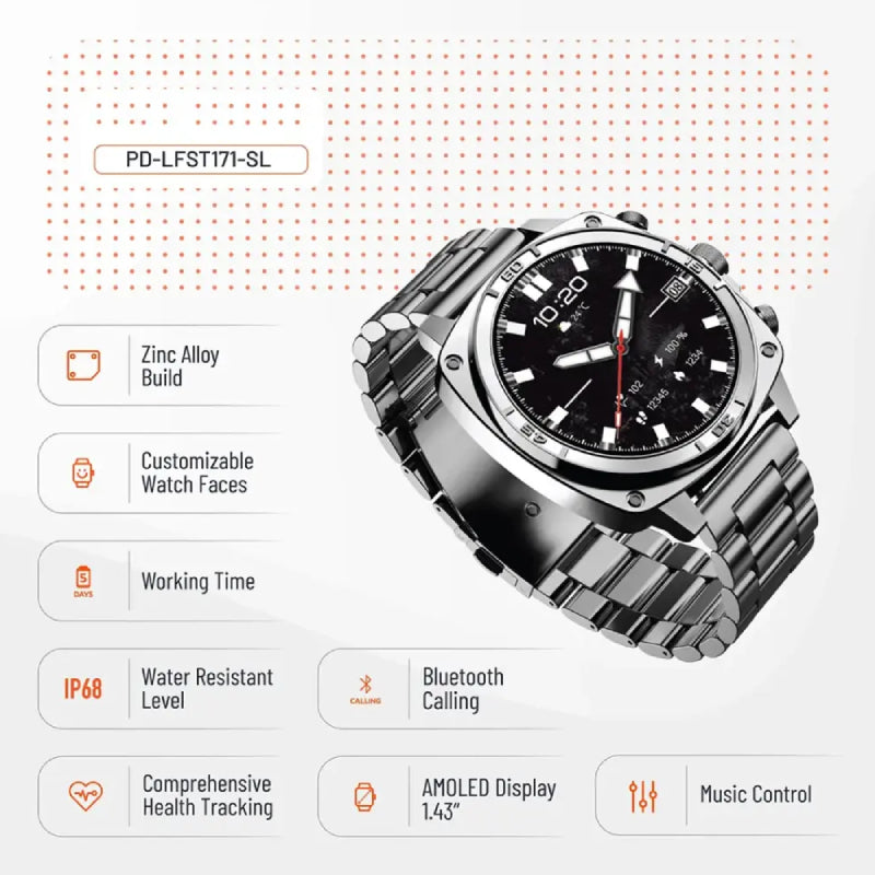 Porodo Chrono Steel Smart Watch - 1.43" AMOLED / Bluetooth / Silver