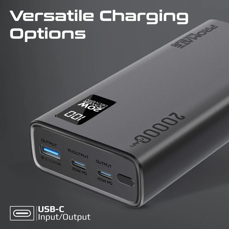 PROMATE Bolt-20PD Compact Smart Charging Power Bank - 20W / USB-C / USB-A / Black