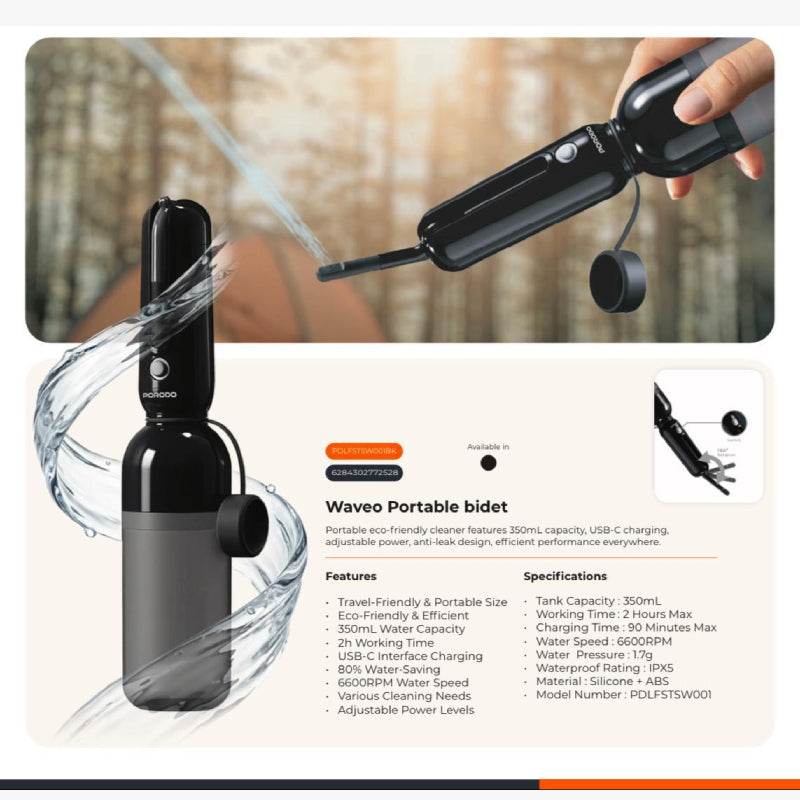 Porodo Waveo Portable Bidet - 350ml / 6600RPM / Black