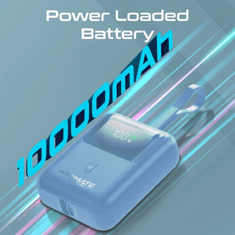 PROMATE PowerPod-10 Ultra Compact Power Bank with Built-In USB-C Cable - 35W / USB-C / USB-A / Blue