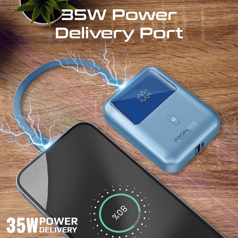 PROMATE PowerPod-10 Ultra Compact Power Bank with Built-In USB-C Cable - 35W / USB-C / USB-A / Blue
